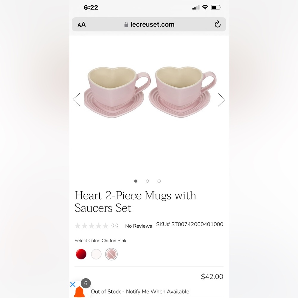 IN SEARCH OF LE CREUSET Heart 2-Piece Mugs with Saucers Set in Chiffon Pink ISO